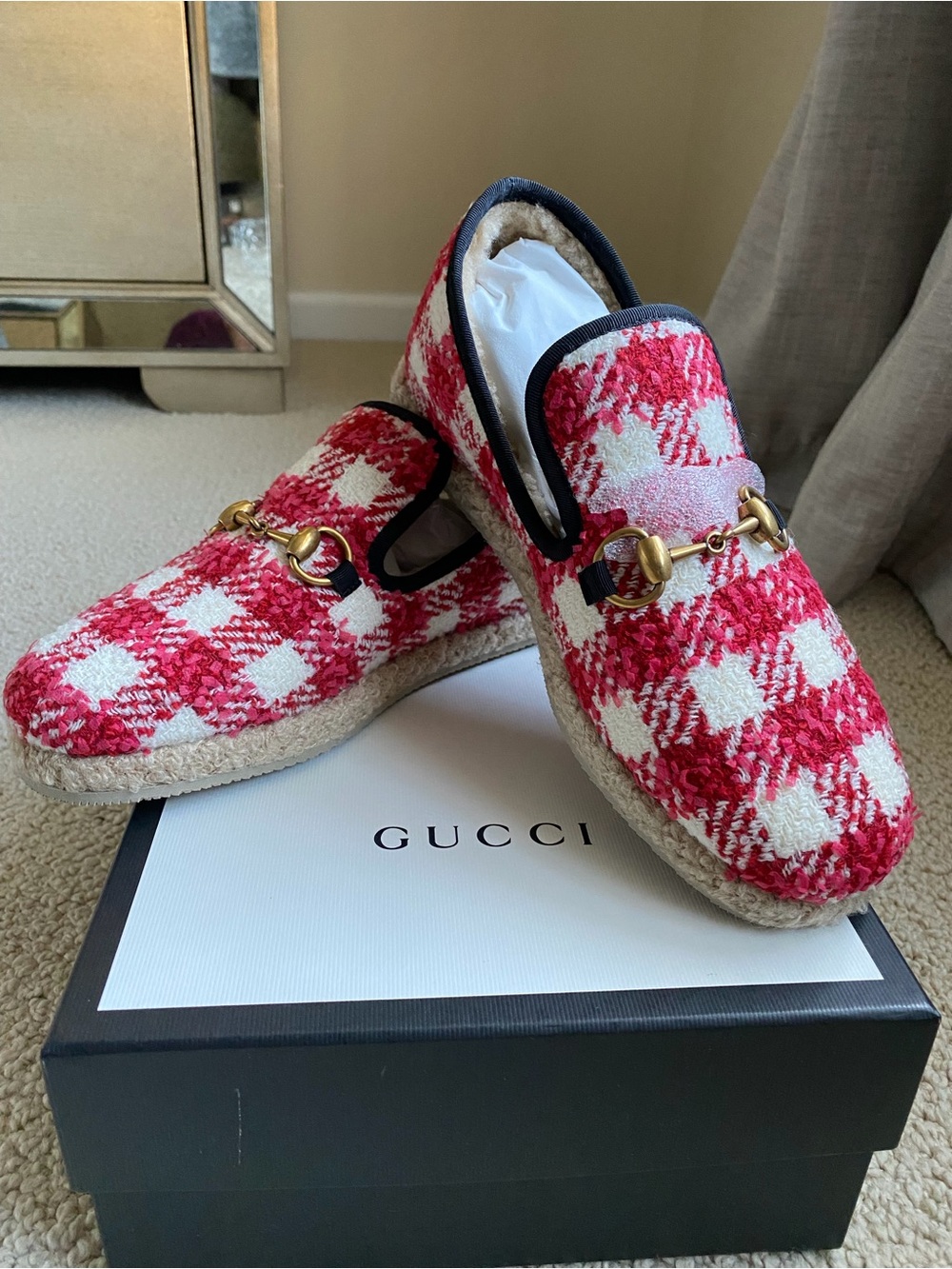 Gucci Red & White Check Wool Loafers with Gold Horsebit